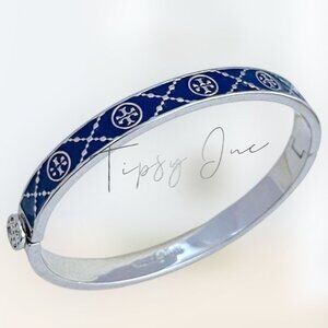 Tory Burch Hinged Bracelet With Blue Enamel & Silver-Tone Accents